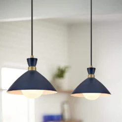 Simon Matte Navy + Heritage Brass Conical Pendant Light