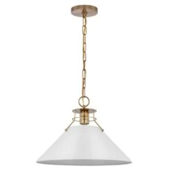 Outpost 60-Watt 1-Light Burnished Brass Pendant Light With Matte White Metal Shade With No Bulbs Included