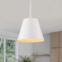 Plano 1-Light Modern Kitchen Island Cone Drum Pendant Light 11.4 In. Dia White Round Hanging Light With Metal Shade