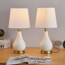 18 In. White Modern Ceramic Bedroom Living Room Bedside Desk Nightstand Small Table Lamps USB Port (Set Of 2) -Lamp Parts maxax lamp sets t01 white e1 1000