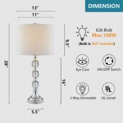 28 In. Chrome Modern Dimmable Crystal Bedroom Living Room Bedside Desk Nightstand Table Lamps (Set Of 2) -Lamp Parts maxax lamp sets t03 white c3 1000