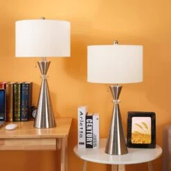 28 In. Nickel Modern Crystal Bedroom Living Room Bedside Desk Nightstand Table Lamps USB Port (Set Of 2) -Lamp Parts maxax lamp sets t07 ni 40 1000