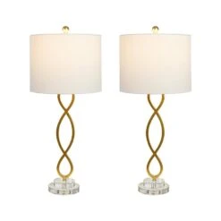 30.5 In. Gold Modern Buffet Dimmable Crystal Bedroom Living Room Bedside Desk Nightstand Tall Table Lamps (Set Of 2) -Lamp Parts maxax lamp sets t10 gd 1f 1000