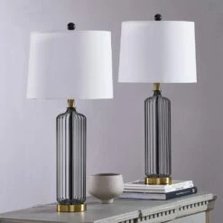 27.5 In. Black Modern Dimmable Iron Bedroom Living Room Bedside Desk Nightstand Table Lamps (Set Of 2) -Lamp Parts maxax lamp sets t100 bk 4f 1000