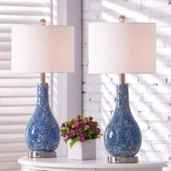 Denver 25.25 In. Blue Coastal Glass Bedroom Living Room Bedside Desk Nightstand Table Lamps USB Port Set Of 2 -Lamp Parts maxax lamp sets t104 bu e1 1000