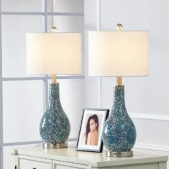 Denver 25.25 In. Green Coastal Glass Bedroom Living Room Bedside Desk Nightstand Table Lamps USB Port Set Of 2 -Lamp Parts maxax lamp sets t104 gn 31 1000