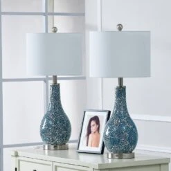 Denver 25.25 In. Green Coastal Glass Bedroom Living Room Bedside Desk Nightstand Table Lamps USB Port Set Of 2 -Lamp Parts maxax lamp sets t104 gn 4f 1000