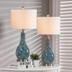 Denver 25.25 In. Green Coastal Glass Bedroom Living Room Bedside Desk Nightstand Table Lamps USB Port Set Of 2 -Lamp Parts maxax lamp sets t104 gn e1 1000