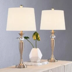27 In. Nickel Modern Dimmable Crystal Bedroom Living Room Bedside Desk Nightstand Table Lamps USB Port (Set Of 2) -Lamp Parts maxax lamp sets t109 wh 4f 1000