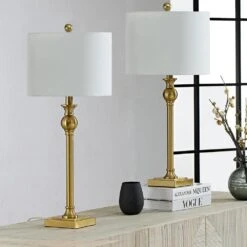 28.5 In. Brass Modern Metal Bedroom Living Room Bedside Desk Nightstand Tall Table Lamps USB Port (Set Of 2) -Lamp Parts maxax lamp sets t110 gd c3 1000