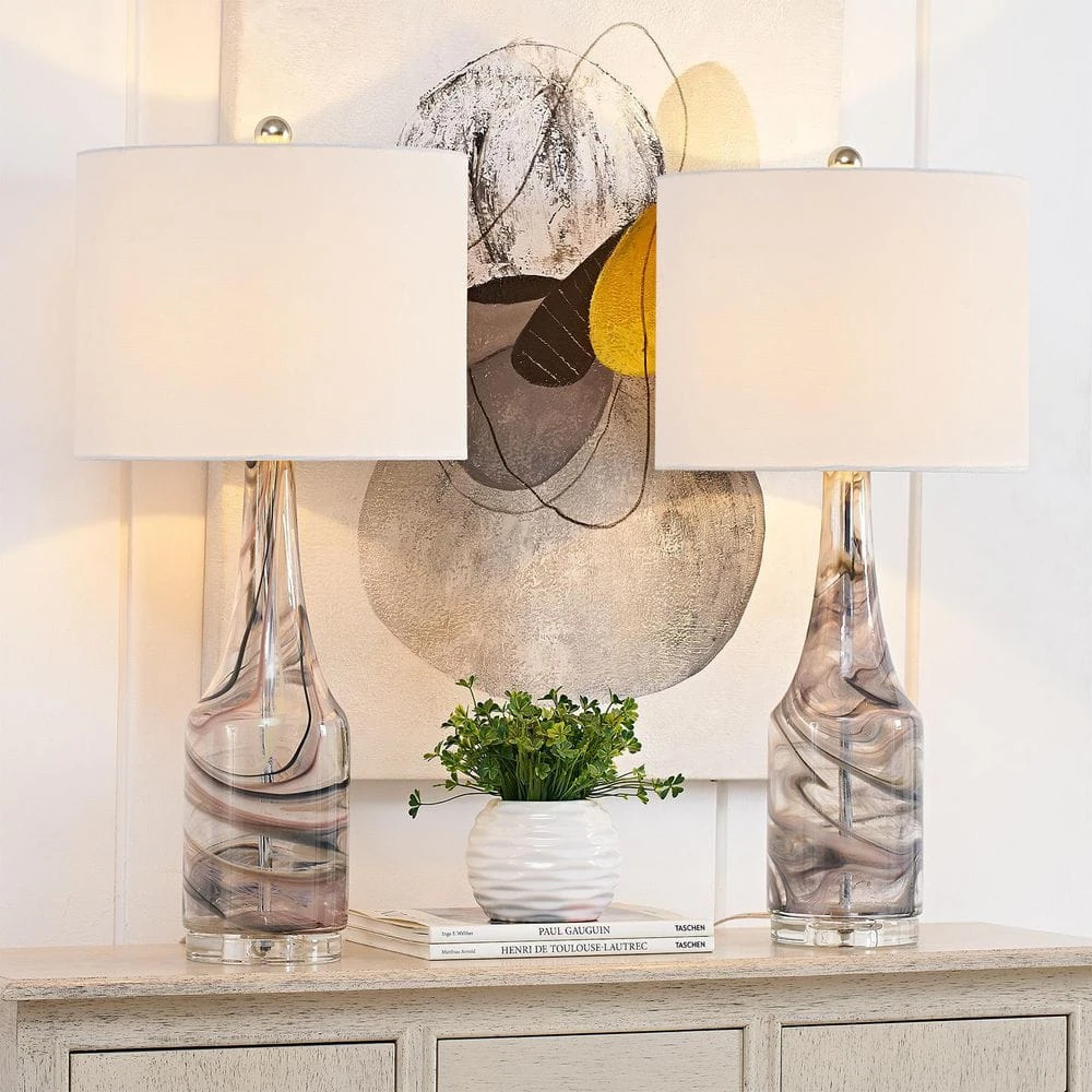 Denver 28.5 In. Gray Modern Dimmable Glass Bedroom Living Room Bedside Desk Nightstand Table Lamps Set Of 2 4 Denver 28.5 In. Gray Modern Dimmable Glass Bedroom Living Room Bedside Desk Nightstand Table Lamps Set Of 2 - Image 2