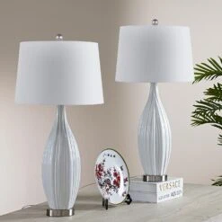 31 In. White Modern Ceramic Bedroom Living Room Bedside Desk Nightstand Tall Table Lamps (Set Of 2) -Lamp Parts maxax lamp sets t129 wh 76 1000