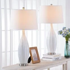 31 In. White Modern Ceramic Bedroom Living Room Bedside Desk Nightstand Tall Table Lamps (Set Of 2) -Lamp Parts maxax lamp sets t129 wh e1 1000