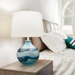 22 In. White Coastal Dimmable Glass Bedroom Living Room Bedside Desk Nightstand Table Lamps (Set Of 2) -Lamp Parts maxax lamp sets t15 bu e1 1000