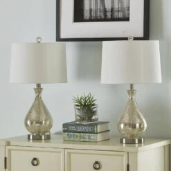 Denver 22.75 In. Nickel Coastal Glass Bedroom Living Room Bedside Desk Nightstand Table Lamps Set Of 2 -Lamp Parts maxax lamp sets t40 mcy 44 1000