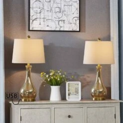 Denver 26 In. Gold Coastal Dimmable Glass Bedroom Living Room Bedside Desk Nightstand Table Lamps USB Port Set Of 2 -Lamp Parts maxax lamp sets t41 gd 4f 1000