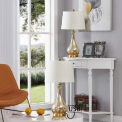 Denver 26 In. Gold Coastal Dimmable Glass Bedroom Living Room Bedside Desk Nightstand Table Lamps USB Port Set Of 2 -Lamp Parts maxax lamp sets t41 gd 66 1000