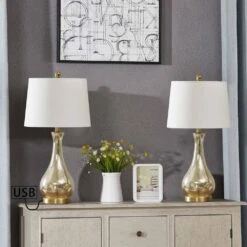 Denver 26 In. Gold Coastal Dimmable Glass Bedroom Living Room Bedside Desk Nightstand Table Lamps USB Port Set Of 2 -Lamp Parts maxax lamp sets t41 gd 76 1000