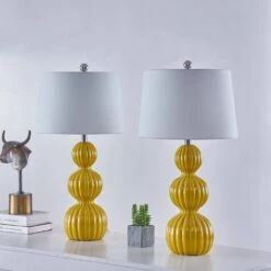 Columbia 27.75 In. Yellow Coastal Dimmable Ceramic Bedroom Living Room Bedside Desk Nightstand Table Lamps Set Of 2 -Lamp Parts maxax lamp sets t45 ly 76 1000