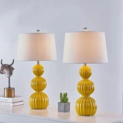 Columbia 27.75 In. Yellow Coastal Dimmable Ceramic Bedroom Living Room Bedside Desk Nightstand Table Lamps Set Of 2 -Lamp Parts maxax lamp sets t45 ly fa 1000