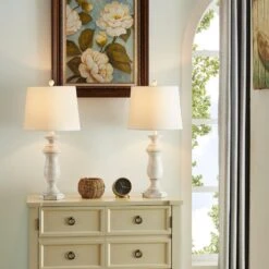 Dallas 27 In. White Coastal Dimmable Resin Bedroom Living Room Bedside Desk Nightstand Table Lamps Set Of 2 -Lamp Parts maxax lamp sets t47 wh 44 1000