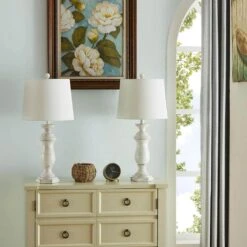 Dallas 27 In. White Coastal Dimmable Resin Bedroom Living Room Bedside Desk Nightstand Table Lamps Set Of 2 -Lamp Parts maxax lamp sets t47 wh 4f 1000