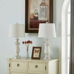 Dallas 27 In. White Coastal Dimmable Resin Bedroom Living Room Bedside Desk Nightstand Table Lamps Set Of 2 -Lamp Parts maxax lamp sets t47 wh c3 1000