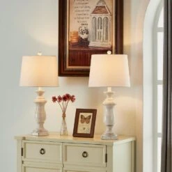 Dallas 27 In. White Coastal Dimmable Resin Bedroom Living Room Bedside Desk Nightstand Table Lamps Set Of 2 -Lamp Parts maxax lamp sets t47 wh e1 1000