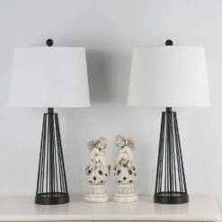 Detroit 27 In. Black Modern Dimmable Metal Bedroom Living Room Bedside Desk Table Lamps Set Of 2 -Lamp Parts maxax lamp sets t53 bk 44 1000