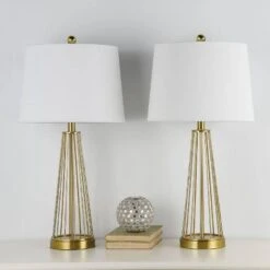 Detroit 27 In. Brass Mid-Century Dimmable Metal Bedroom Living Room Bedside Desk Nightstand Table Lamps Set Of 2 -Lamp Parts maxax lamp sets t53 gd 44 1000