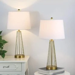 Detroit 27 In. Brass Mid-Century Dimmable Metal Bedroom Living Room Bedside Desk Nightstand Table Lamps Set Of 2 -Lamp Parts maxax lamp sets t53 gd 76 1000