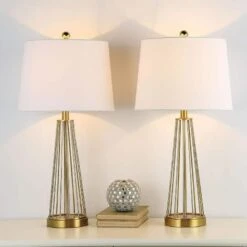 Detroit 27 In. Brass Mid-Century Dimmable Metal Bedroom Living Room Bedside Desk Nightstand Table Lamps Set Of 2 -Lamp Parts maxax lamp sets t53 gd e1 1000