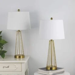 Detroit 27 In. Brass Mid-Century Dimmable Metal Bedroom Living Room Bedside Desk Nightstand Table Lamps Set Of 2 -Lamp Parts maxax lamp sets t53 gd fa 1000