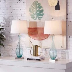 30.5 In. Blue Coastal Dimmable Glass Bedroom Living Room Bedside Desk Nightstand Tall Table Lamps USB Port (Set Of 2) -Lamp Parts maxax lamp sets t55 bu 4f 1000