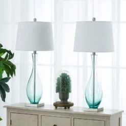 30.5 In. Blue Coastal Dimmable Glass Bedroom Living Room Bedside Desk Nightstand Tall Table Lamps USB Port (Set Of 2) -Lamp Parts maxax lamp sets t55 bu c3 1000
