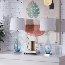 30.5 In. Blue Coastal Dimmable Glass Bedroom Living Room Bedside Desk Nightstand Tall Table Lamps USB Port (Set Of 2) -Lamp Parts maxax lamp sets t55 bu e1 1000