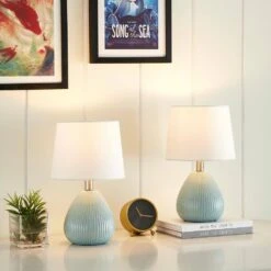 Sacramento 14.5 In. Blue Coastal Ceramic Bedroom Living Room Bedside Desk Nightstand Small Table Lamps Set Of 2 -Lamp Parts maxax lamp sets t62 bu 31 1000