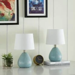 Sacramento 14.5 In. Blue Coastal Ceramic Bedroom Living Room Bedside Desk Nightstand Small Table Lamps Set Of 2 -Lamp Parts maxax lamp sets t62 bu c3 1000