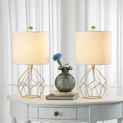 Detroit 18.75 In. Gold Mid-Century Metal Bedroom Living Room Bedside Desk Nightstand Small Table Lamps Set Of 2 -Lamp Parts maxax lamp sets t73 gd c3 1000