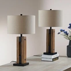 28 In. Black Modern Dimmable Resin Bedroom Living Room Bedside Desk Nightstand Table Lamps USB Port (Set Of 2) -Lamp Parts maxax lamp sets t85 bn fa 1000