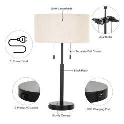 24 In. Black Table And Desk Lamps With USB Ports And Twin Lights (Set Of 2) -Lamp Parts merra lamp sets ptl 1822 00 bnhd 1 4f 1000