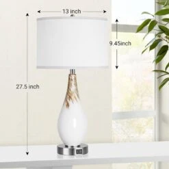 Touch Control Table Lamps Set Of 2, 27.5 In. Art Glass Bedside Lamps With USB Ports Dimmable White Shade For Living Room -Lamp Parts milk white jushua desk lamps ct zy p272480 c3 1000