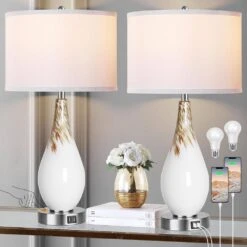 27.5 In. White Touch Control Table Lamps Set Of 2, Tall Modern Art Glass Bedside Lamp With USB Ports, 3-Way Dimmable