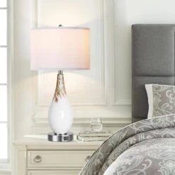 27.5 In. White Touch Control Table Lamps Set Of 2, Tall Modern Art Glass Bedside Lamp With USB Ports, 3-Way Dimmable -Lamp Parts milk white ltemziiy table lamps ts014 76 1000