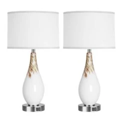 27.5 In. H Milk White Touch Control Table Lamps Set Of 2 3-Way Dimmable Art Glass Bedside Lamp With USB Ports
