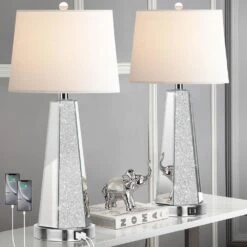 26.5 In. Mirrored Glass Table Lamps (Set Of 2), Modern Silver Tall Bedside Lamps With 2 USB Ports For Living Room Decor -Lamp Parts mirrored glass rottogoon table lamps hmlp316as2 c3 1000
