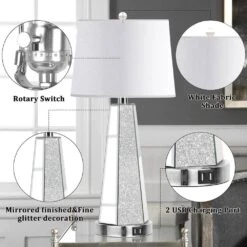 26.5 In. Mirrored Glass Table Lamps (Set Of 2), Modern Silver Tall Bedside Lamps With 2 USB Ports For Living Room Decor -Lamp Parts mirrored glass rottogoon table lamps hmlp316as2 d4 1000