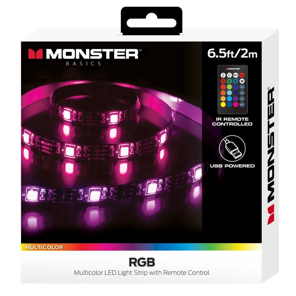 Monster 2-Pack 6.5 Ft. Color-Changing LED Light Strip, USB-Powered From 5-Volt USB Ports, Remote Control Included 4 Monster 2-Pack 6.5 Ft. Color-Changing LED Light Strip, USB-Powered From 5-Volt USB Ports, Remote Control Included - Image 2