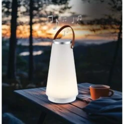 13.75 In. White Indoor/Outdoor Rechargeable Battery Operated LED Lamp With Built-In Wireless Speaker