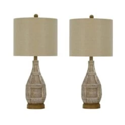 25.75 In. Pair Of Natural Beige Woven Faux Rope Table Lamps With Designer Shades And Finials